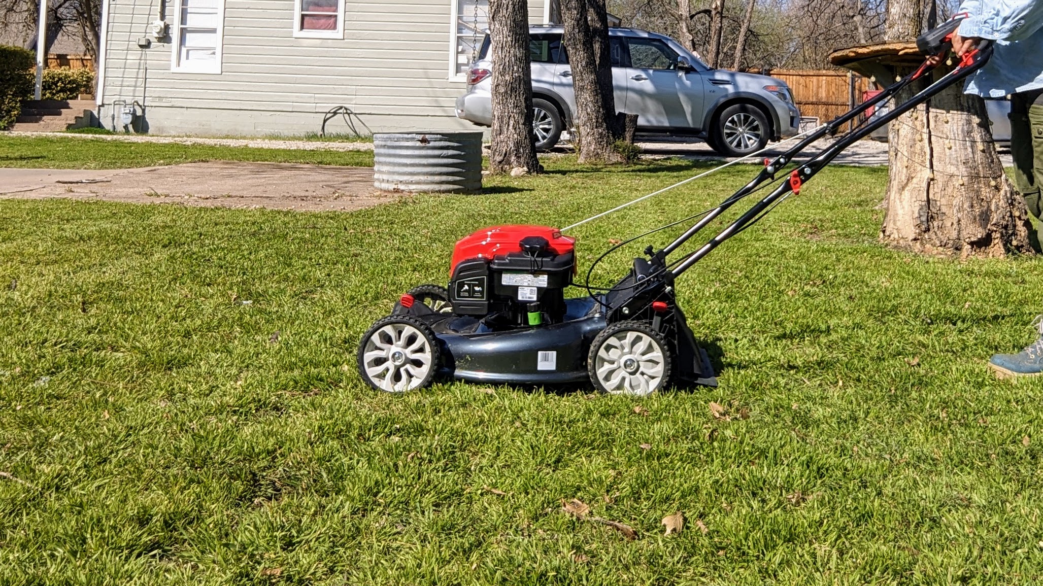 Troy-Bilt TB310B XP 21 in. 163 cc Briggs and Stratton Ready Start Engine 3-in-1 Gas RWD Self Propelled Lawn Mower being tested in writer's yard